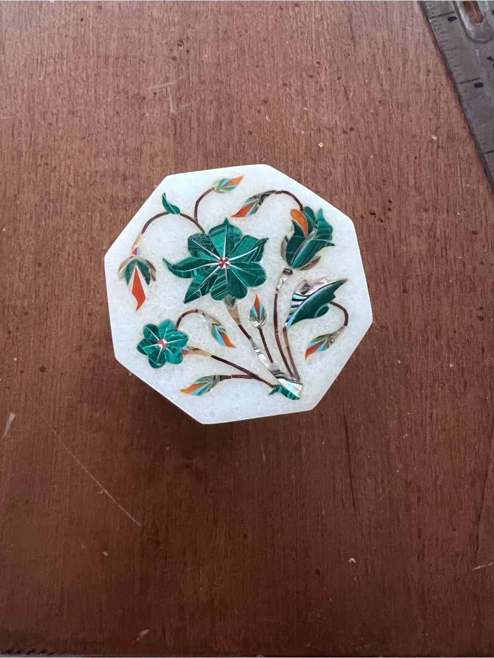 Vintage White Marble Octagon Trinket Box Malachite Pietra Dura Inlay - 2 inch